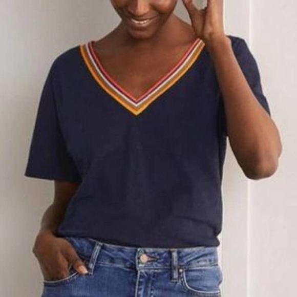 Boden Tops - Boden Beatrice Top Womens Size 4 Navy Jersey Multicolor Trim V-Neck Casual Tee